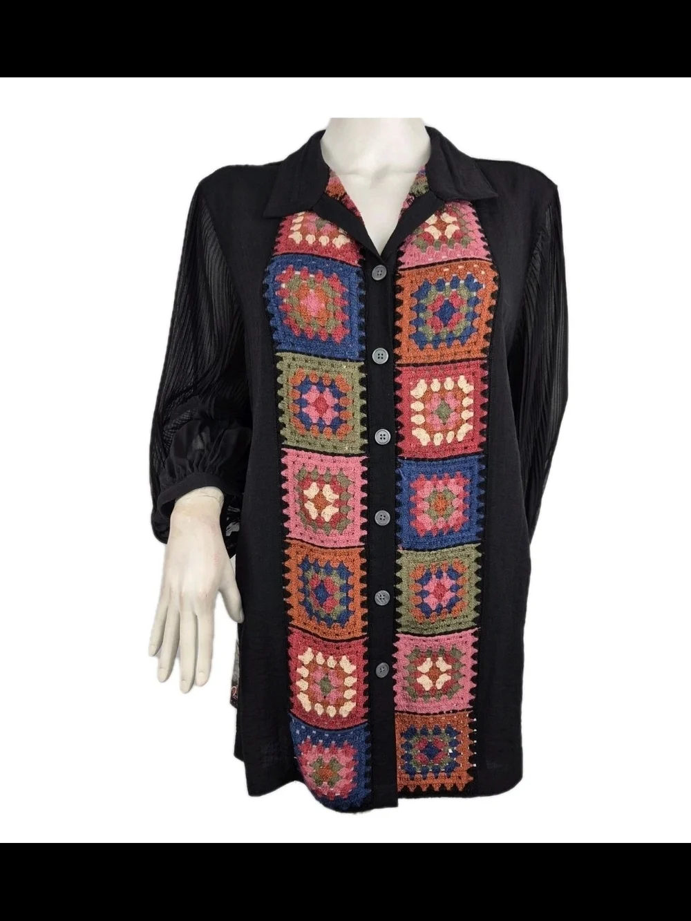 John Mark Women's Size PXL Crochet Button Up Shirt Tunic Black Long Sleeve 25 - Picture 14 of 14